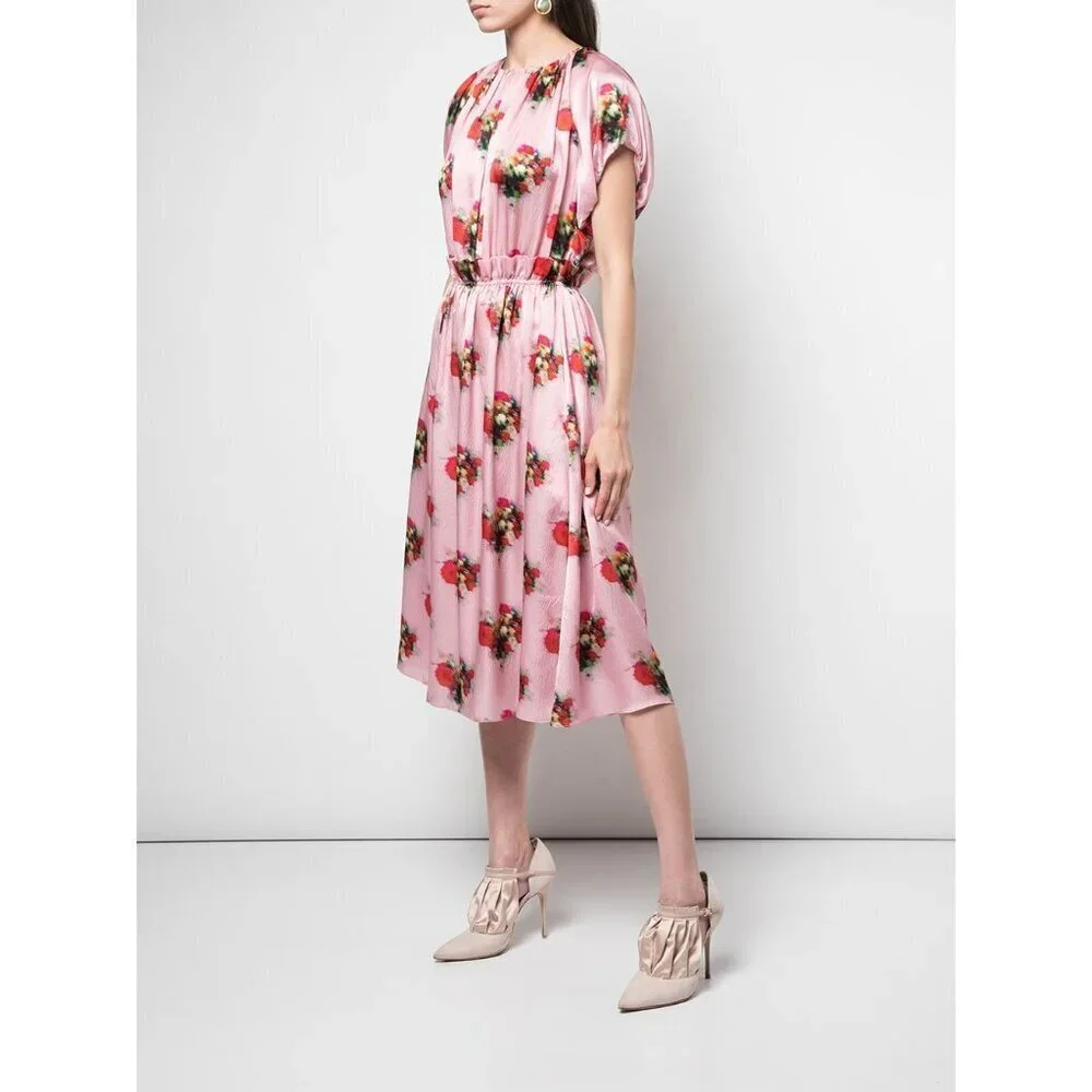 Adam Lippes Ruffle Floral Dress Pink Silk Midi - Picture 3 of 15